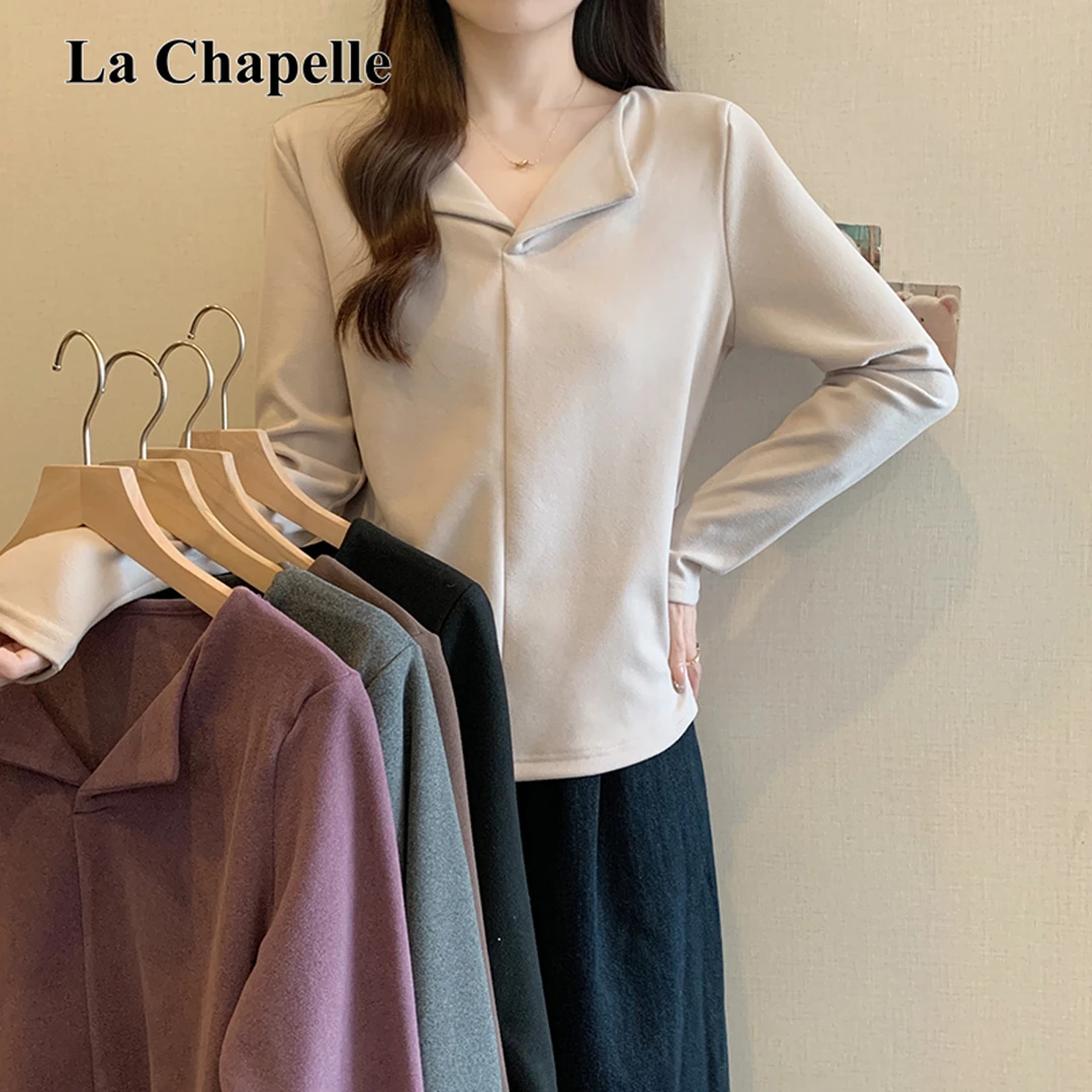 拉夏贝尔2025秋季新款胖mm加厚正肩长袖打底衫V领纯欲百搭上衣T恤