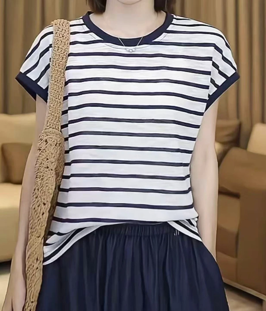 夏季新款圆领无袖条纹刺绣夏季洋气套头T恤休闲时尚百搭女士款