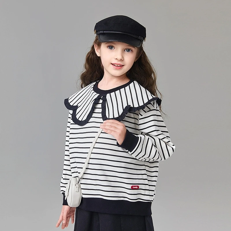 【荷叶边翻领条纹卫衣】女童25春中大童春装儿童套头上衣-832512202