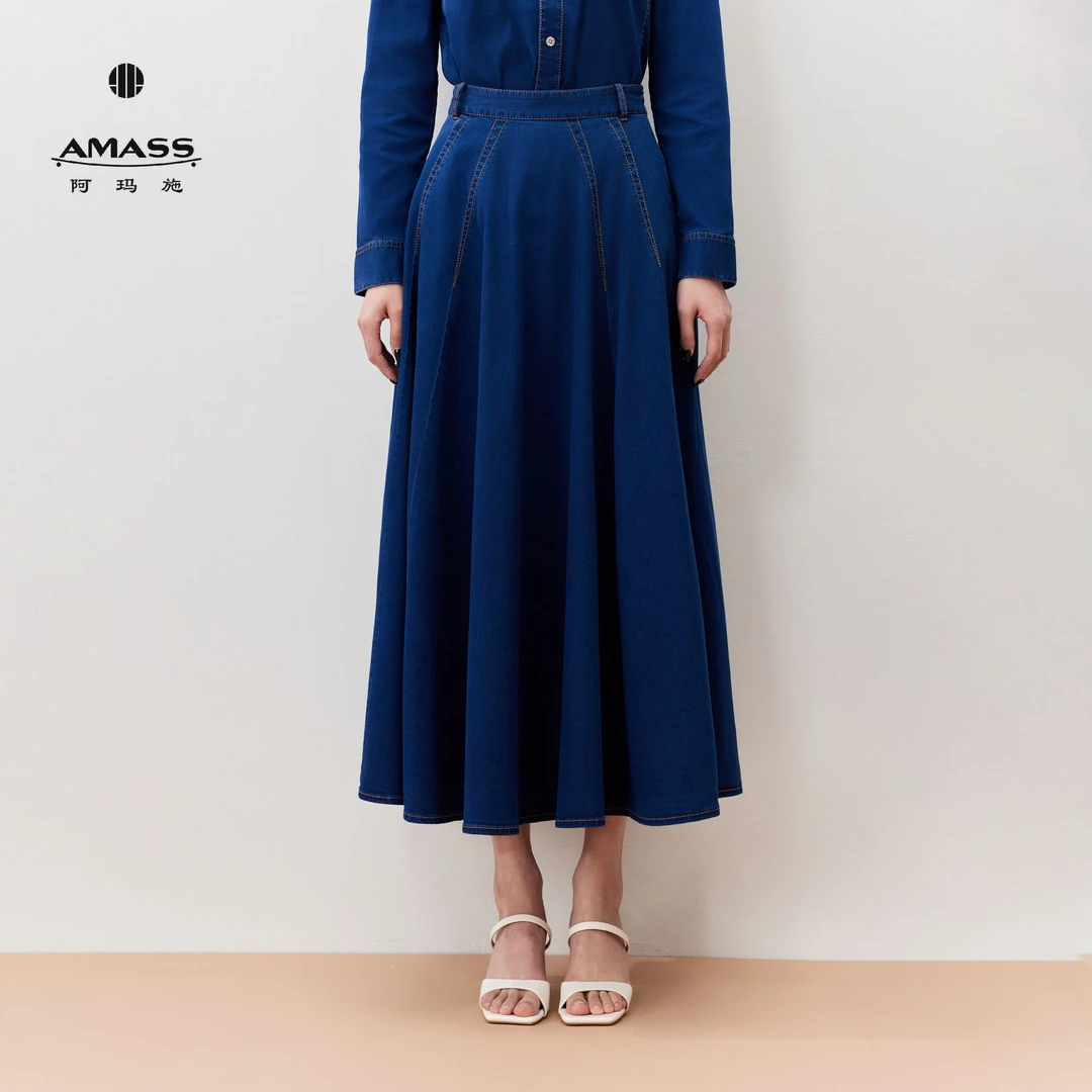 AMASS/阿玛施简约百搭气质A字版型中长款半身牛仔裙520017-210083