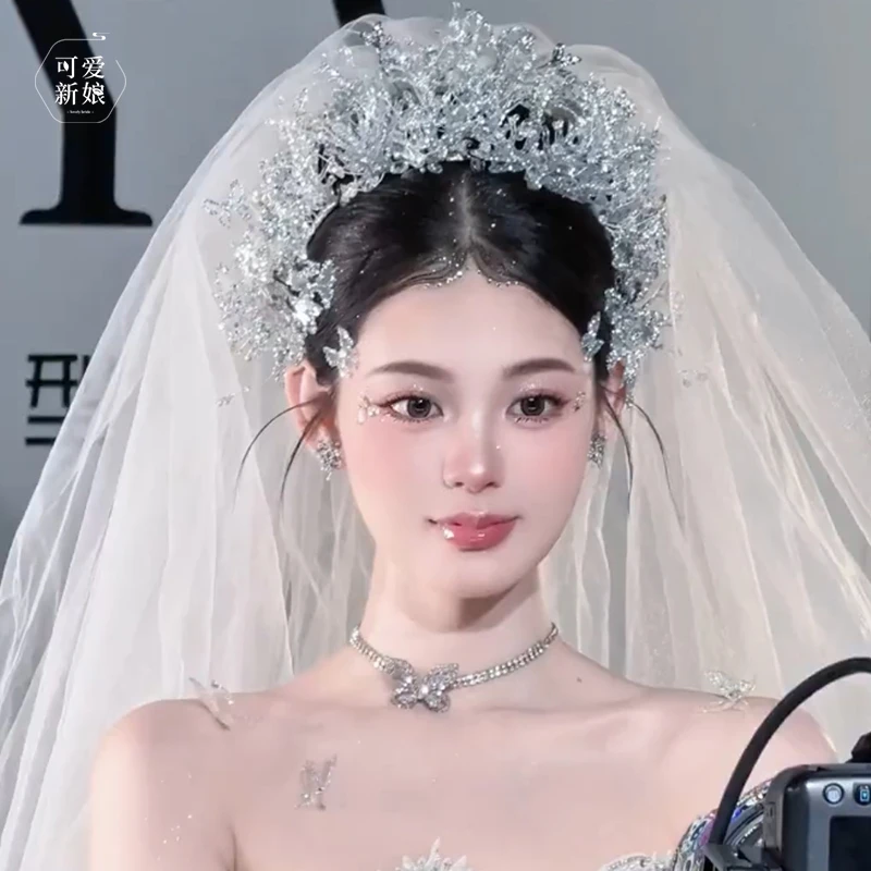 婚纱新娘重工皇冠银色水凝胶轻奢超闪公主王冠韩式造型发饰BH6873