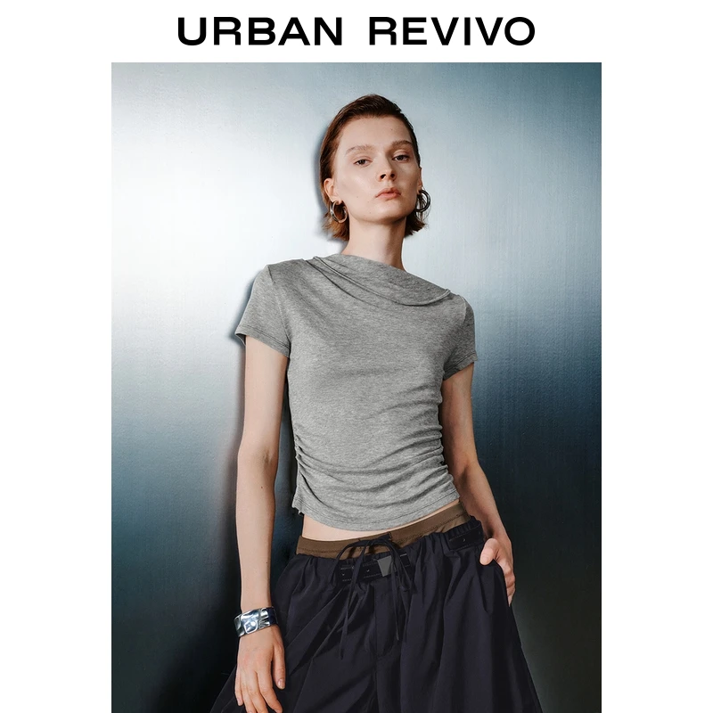 UR2025夏季新款女装潮流格雷系褶皱收腰系带短袖T恤UWJ450077