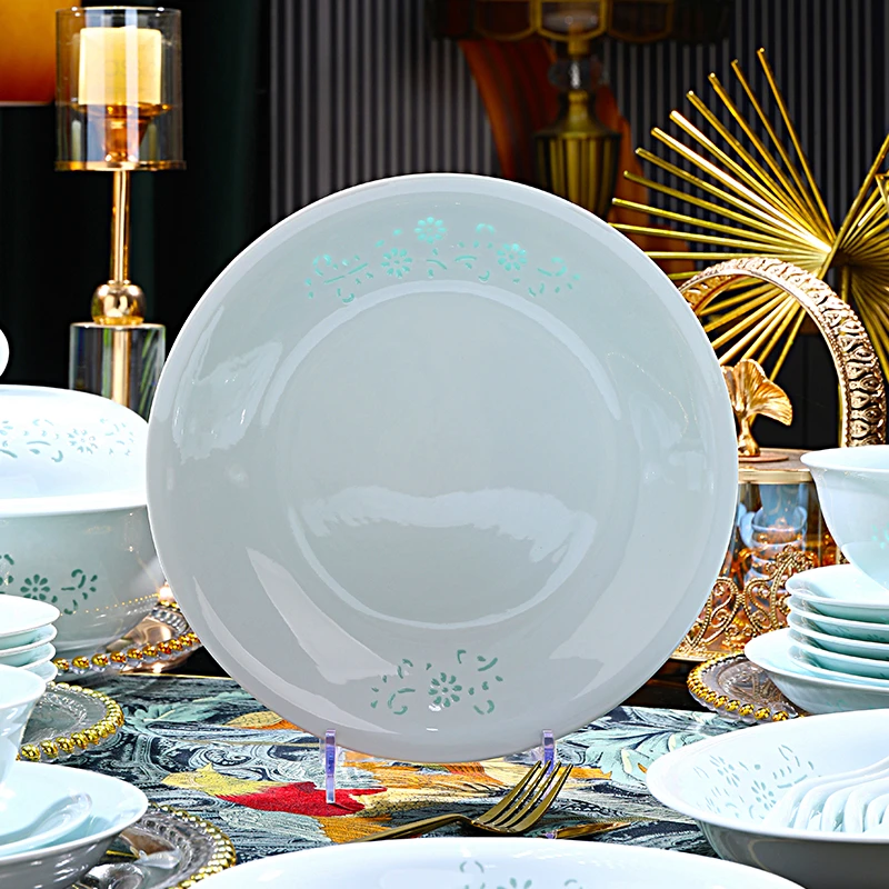 景德镇聚璞祥釉下彩玲珑餐具10英寸大盘家用微瑕画片随机圆形