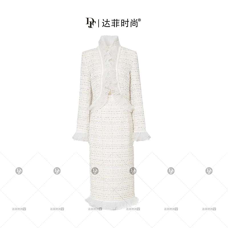 妮-达菲时尚粗花呢荷叶边优雅短款外套直筒开衩半裙套装D32030