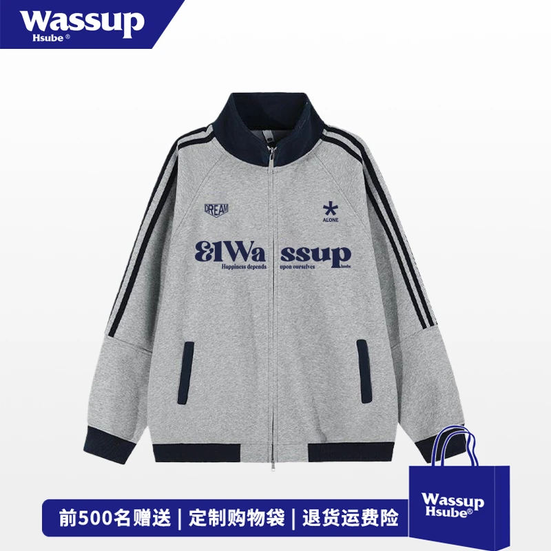 WASSUP HSUBE 美式潮牌字母印花开衫卫衣男秋冬百搭灰拼藏青外套