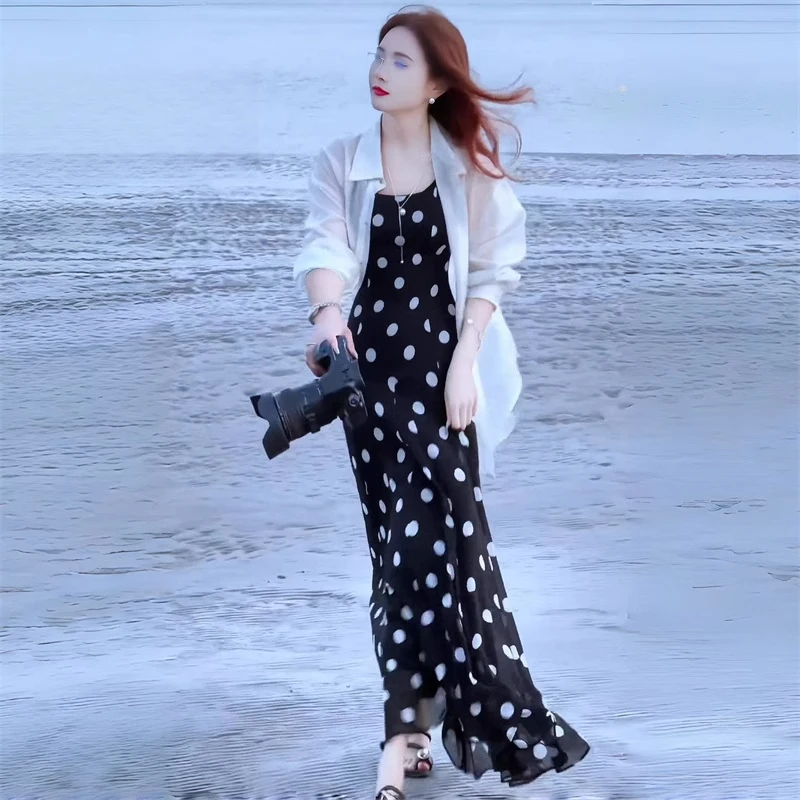 拉夏贝尔早春海边度假后妈裙女2025年夏季防晒衬衫小个子两件套装