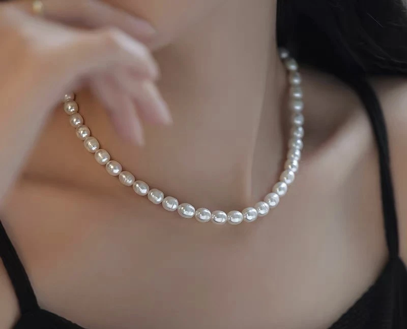 692白色米珠珍珠项链6-7mm 天然生长纹可刮粉 925延长链可调节