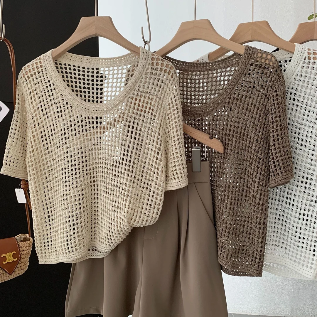 2025夏季镂空薄款短袖女韩版设计感洞洞衫宽松罩衫圆领针织