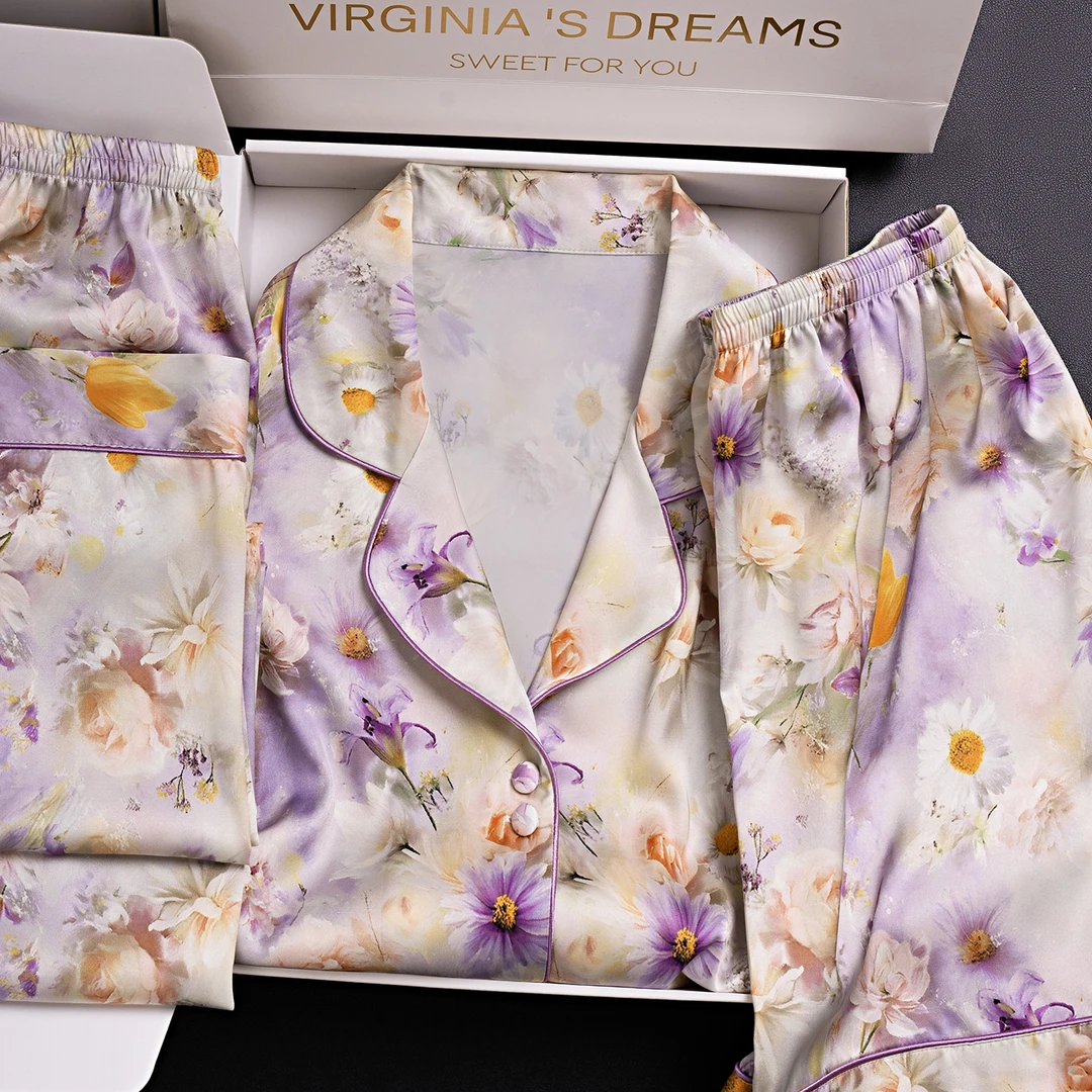 达芬奇密码黛紫花簇2025新款短袖三件套印花套装女士睡衣家居服
