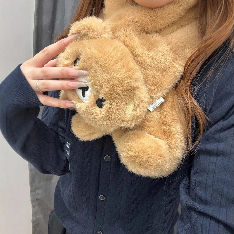 日系萌宠可爱小熊毛绒围巾女2025新款冬季保暖百搭加厚学生围脖女