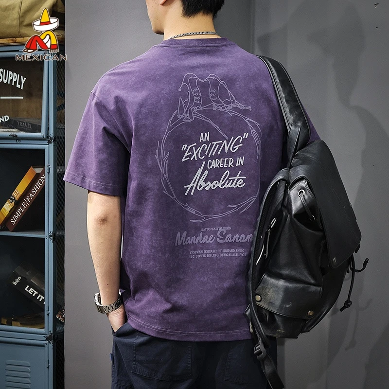 Mexican/稻草人美式重磅300g纯棉男士t恤短袖宽松半袖印花体恤潮