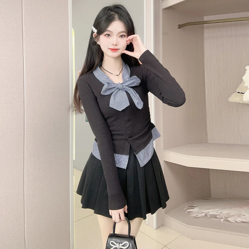 假两件撞色格子拼接飘带长袖上衣春秋韩系穿搭修身显瘦针织打底衫