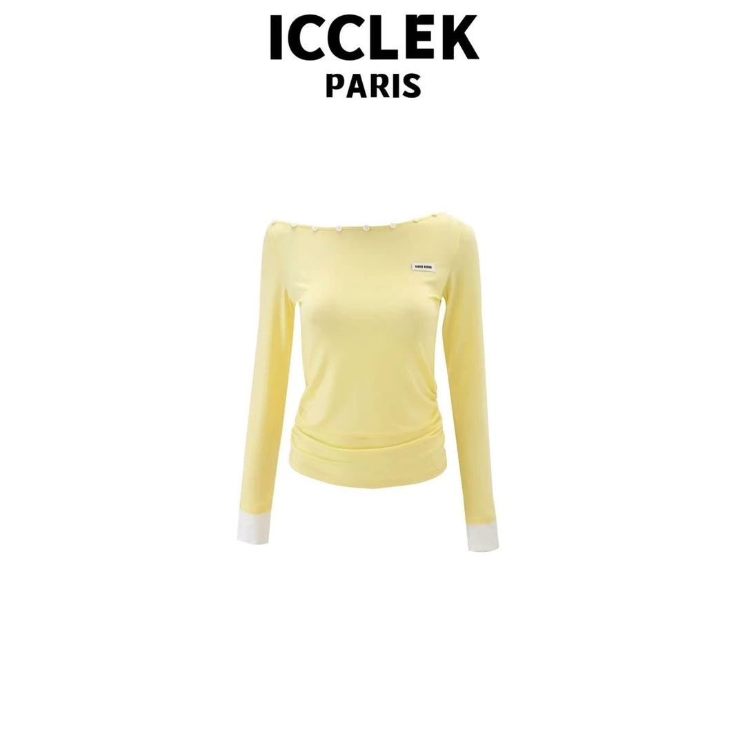 ICCLEK 淡黄色斜肩长袖气质轻奢名媛秋冬百搭简约打底 - 9075