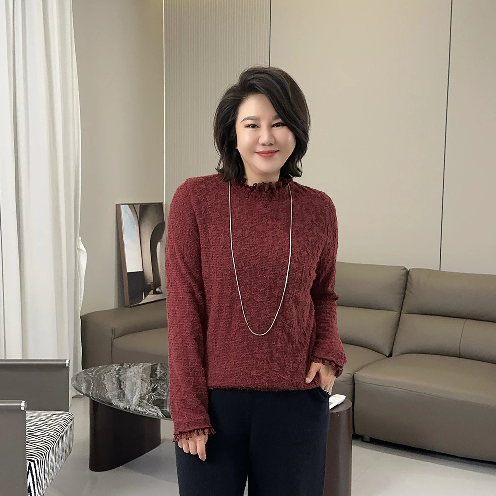 微胖女装【珍妮小姐】复古打揽花边拼接蕾丝磨毛打底T恤秋冬1183