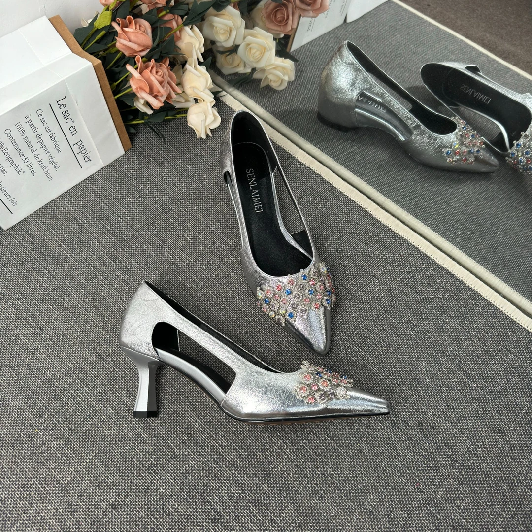 【盛典款】SLM/羊皮/6CM/33-40/幻彩水钻真皮尖头镂空百搭女鞋