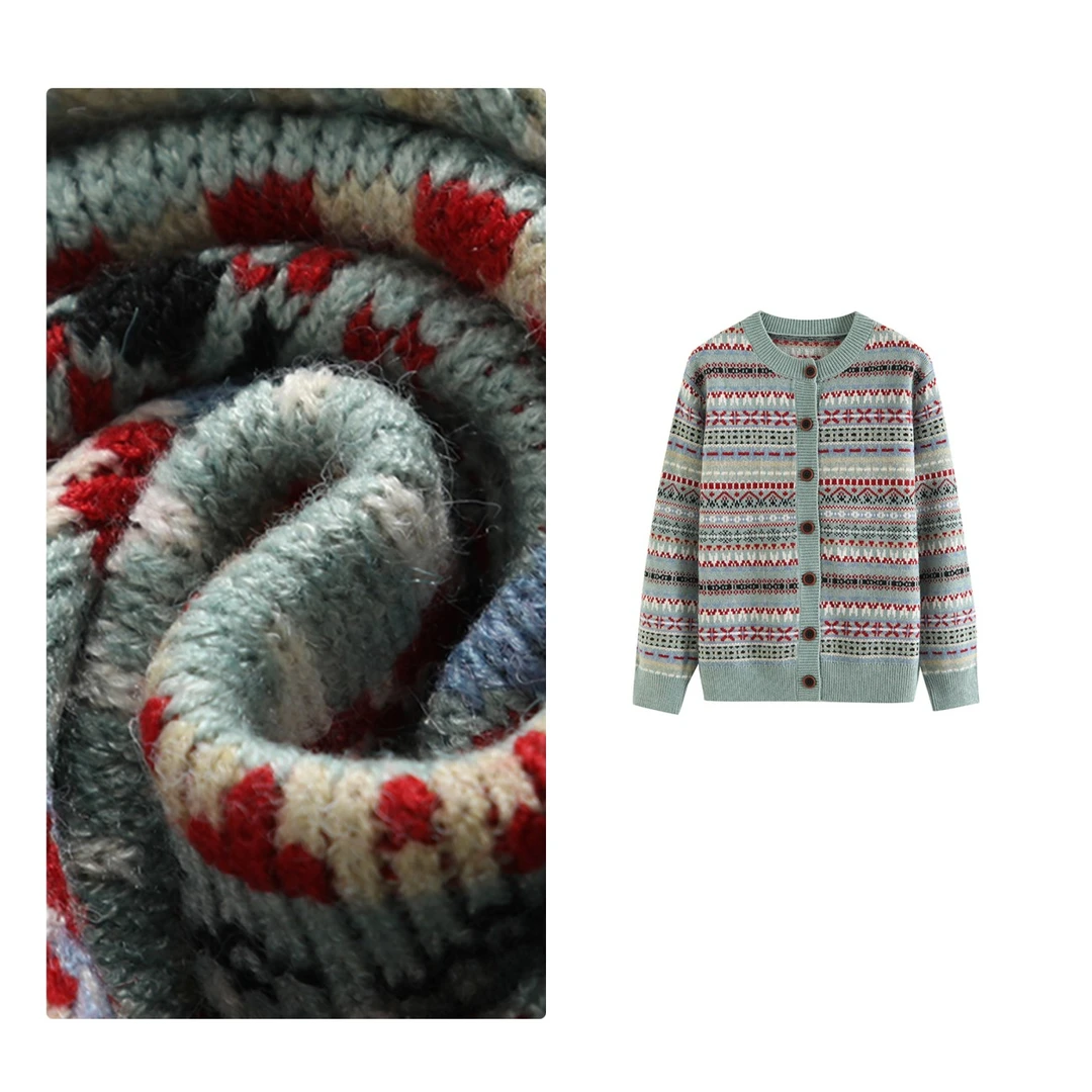 现货！门店26&9！小圆领复古花纹~女式单排扣女式针织衫H00609