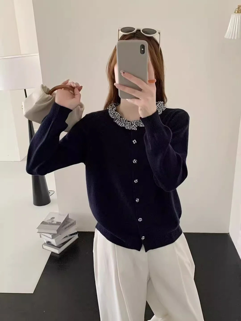 秋冬新款韩系木耳边拼接圆领针织开衫宽松学院风毛衣外套