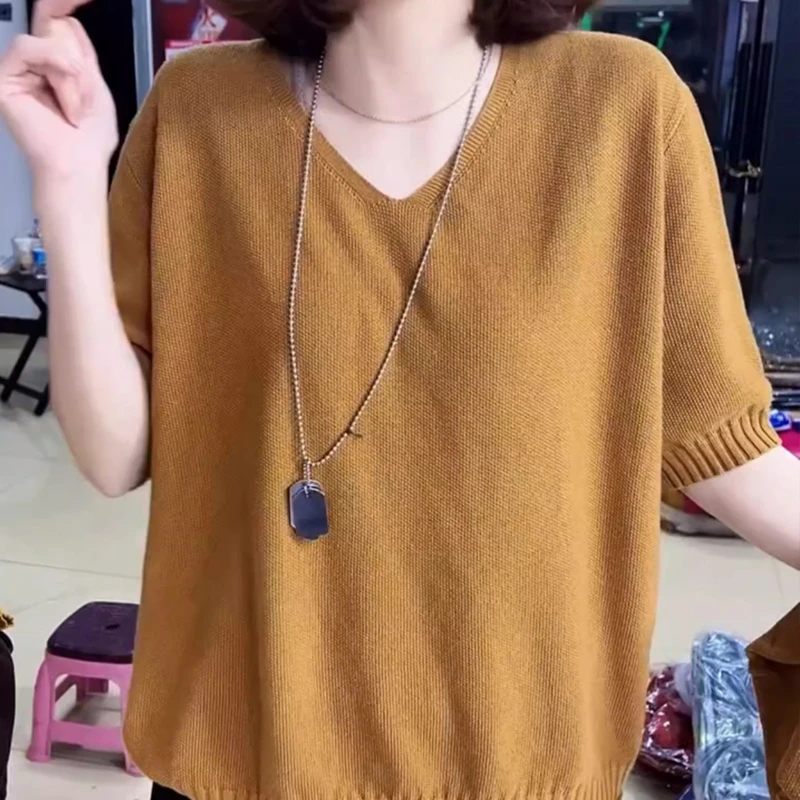 女装2025新款夏季纯色V领针织衫短袖净版百搭显瘦时尚薄T恤上衣服