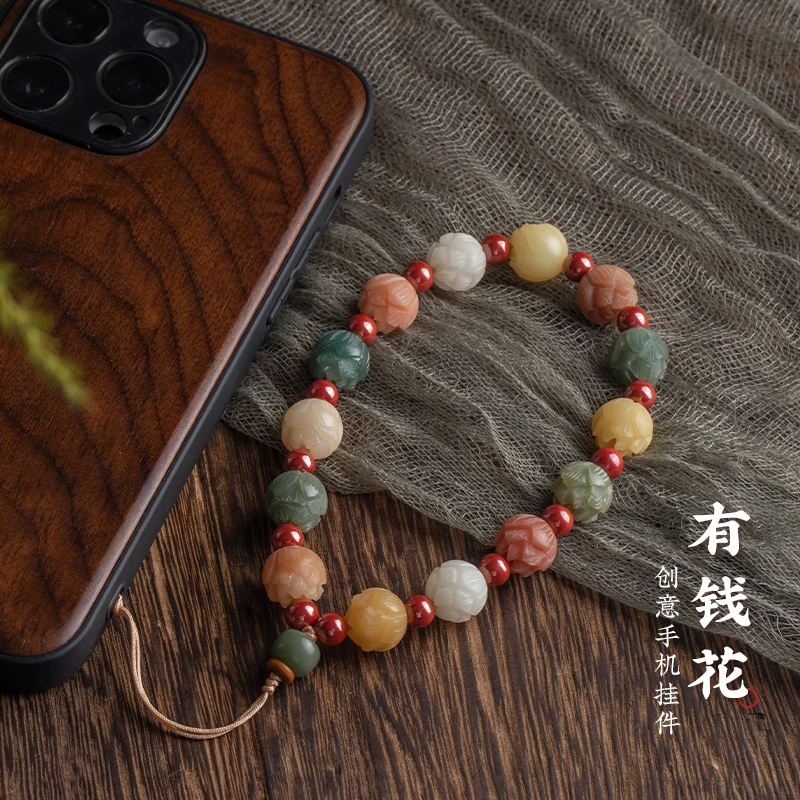 含辰砂工艺品手机链天然莲花钥匙扣挂件精致防丢手腕款手机挂饰