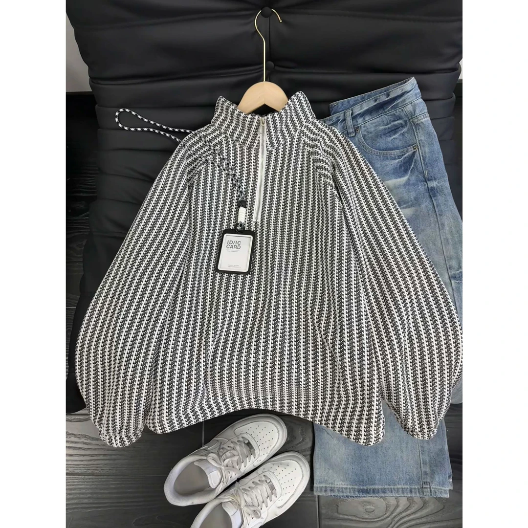 小香风黑白条纹羊羔绒卫衣男款冬季立领半拉链打底衫内搭情侣外套