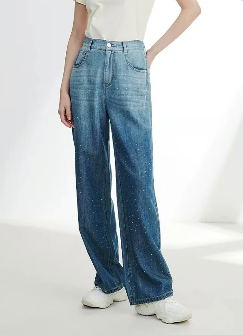 【雅】裤长104，2025新款高腰渐变宽松牛仔直筒裤-0329
