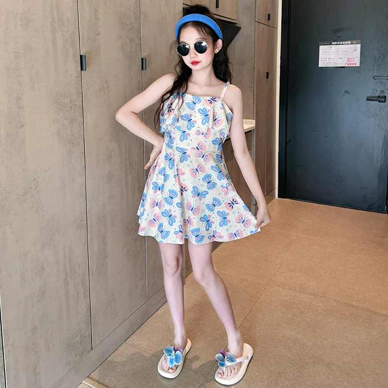 女童泳衣2025新款儿童高颜值吊带泳装初中生女孩公主风绝美游泳衣