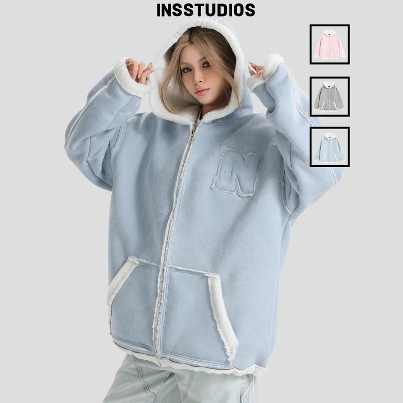 INSstudios国潮牌情侣美式羊羔毛贴布仿麂皮夹克宽松保暖外套男