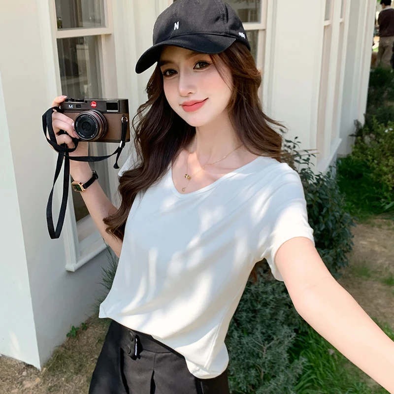 白色V领正肩百搭短袖女夏季2025新款纯色高级感打底衫内搭上衣T恤