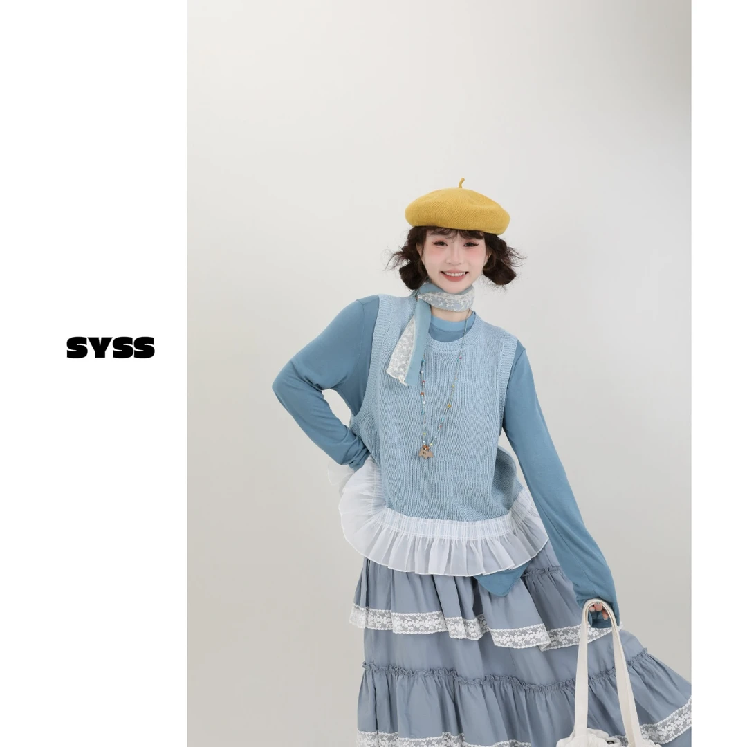 三与十三|春日蝶序|春季蕾丝拼接针织无袖马甲女显瘦气质百搭背心