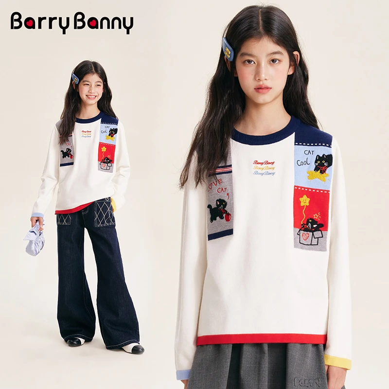 小酒窝同款BarryBanny2025秋冬女童毛衣针织衫假两件上衣撞色洋气