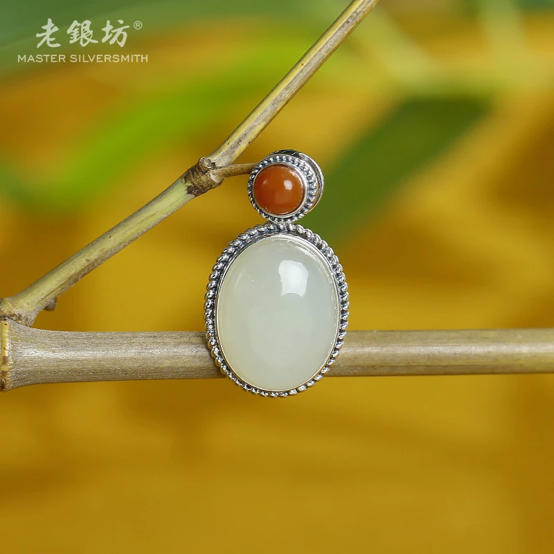 【老银坊】s925银子母和田玉吊坠 0023607