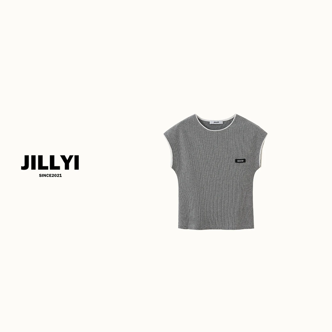 JILLYI南山店【加州清晨】灰色圆领简约休闲T恤无袖运动纯色百搭