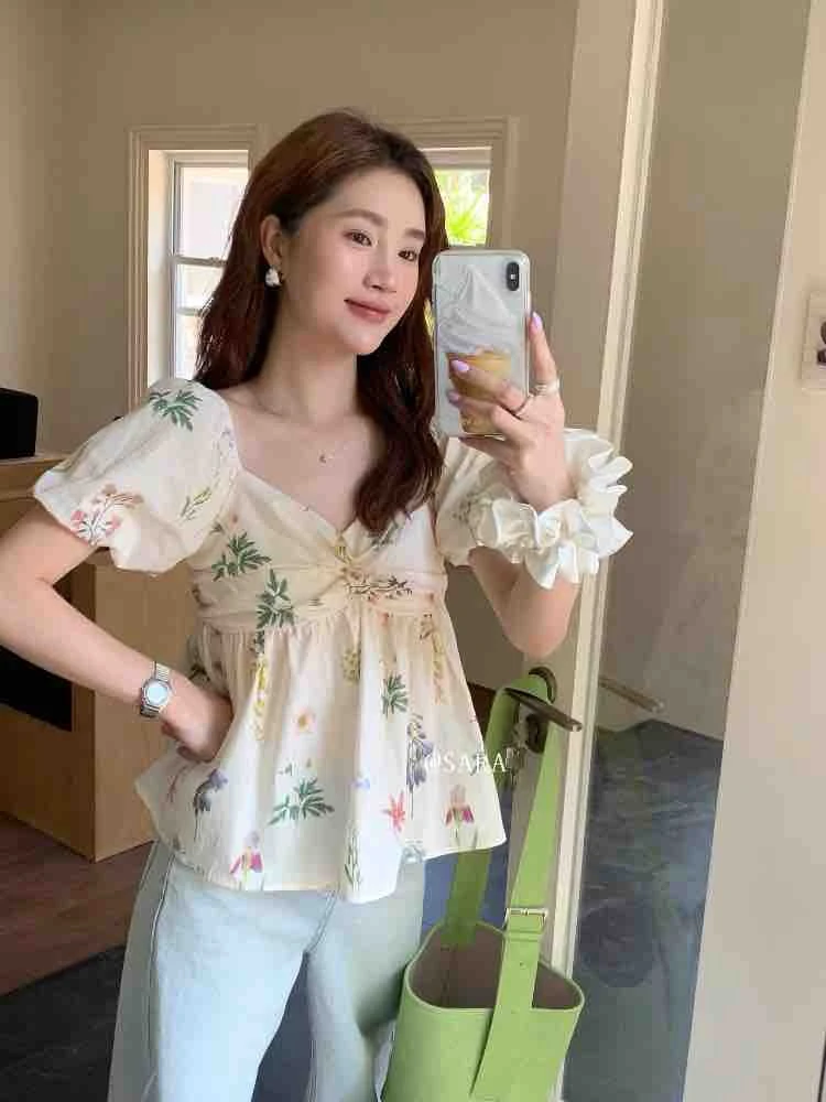 大码碎花短袖上衣夏设计感小众法式上衣9891