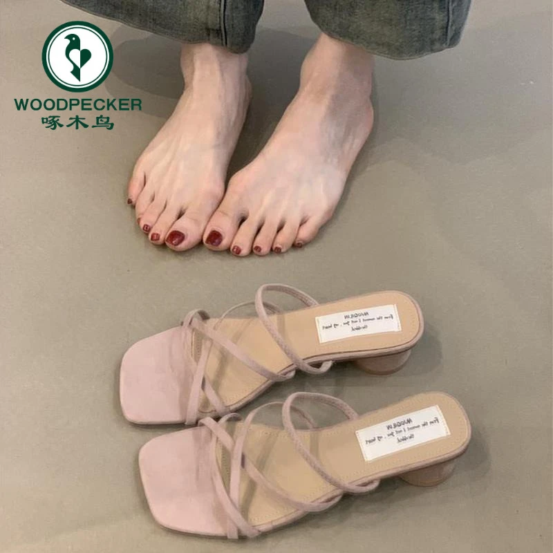 啄木鸟粗跟法式凉拖鞋女夏季外穿2025新款配裙子高级感一字凉鞋女