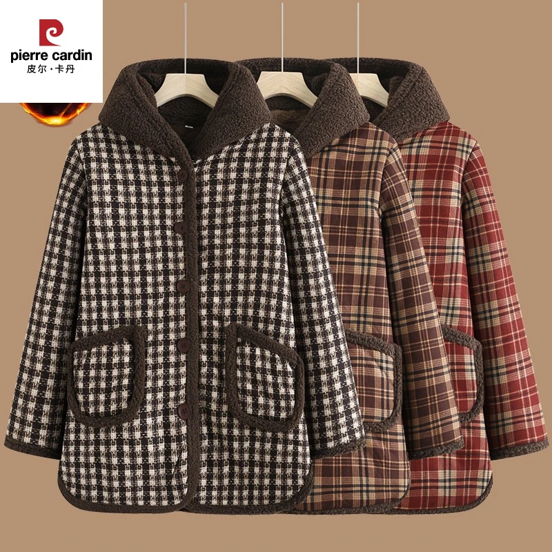 皮尔卡丹中老年妈妈棉袄加绒加厚老人冬季棉服女格子棉衣奶奶秋冬