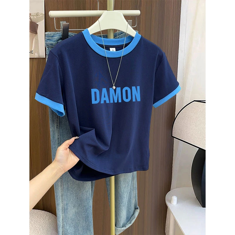 设计感小众正肩撞色拼接t恤短袖女2025夏季时尚百搭洋气减龄上衣