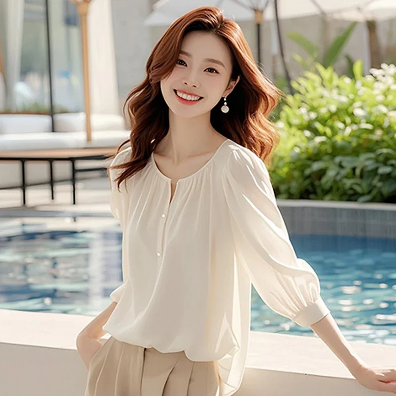 香朵儿韩版小清新高级感雪纺衬衫女2025夏季新款宽松显瘦百搭上衣