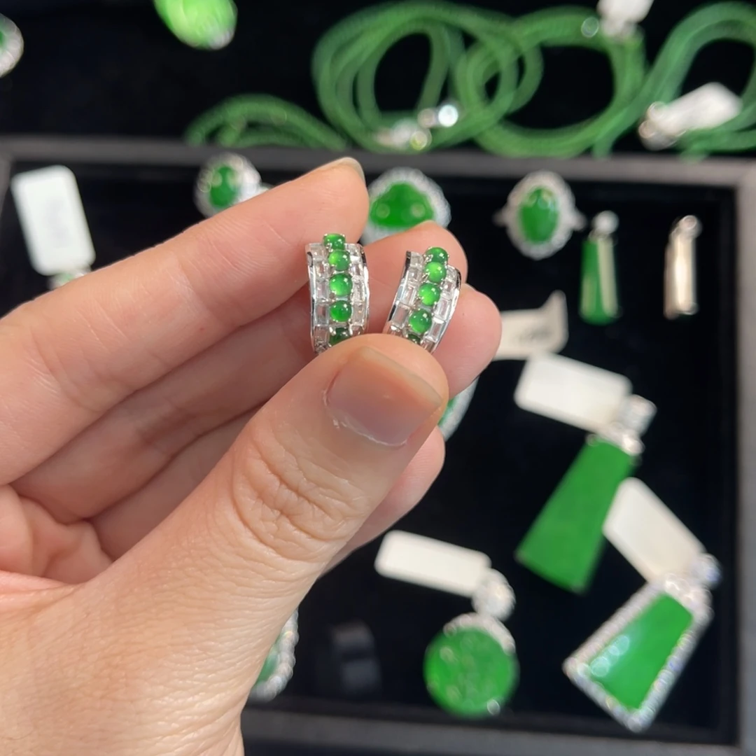 翡翠银S925镶嵌戒指蛋面耳扣