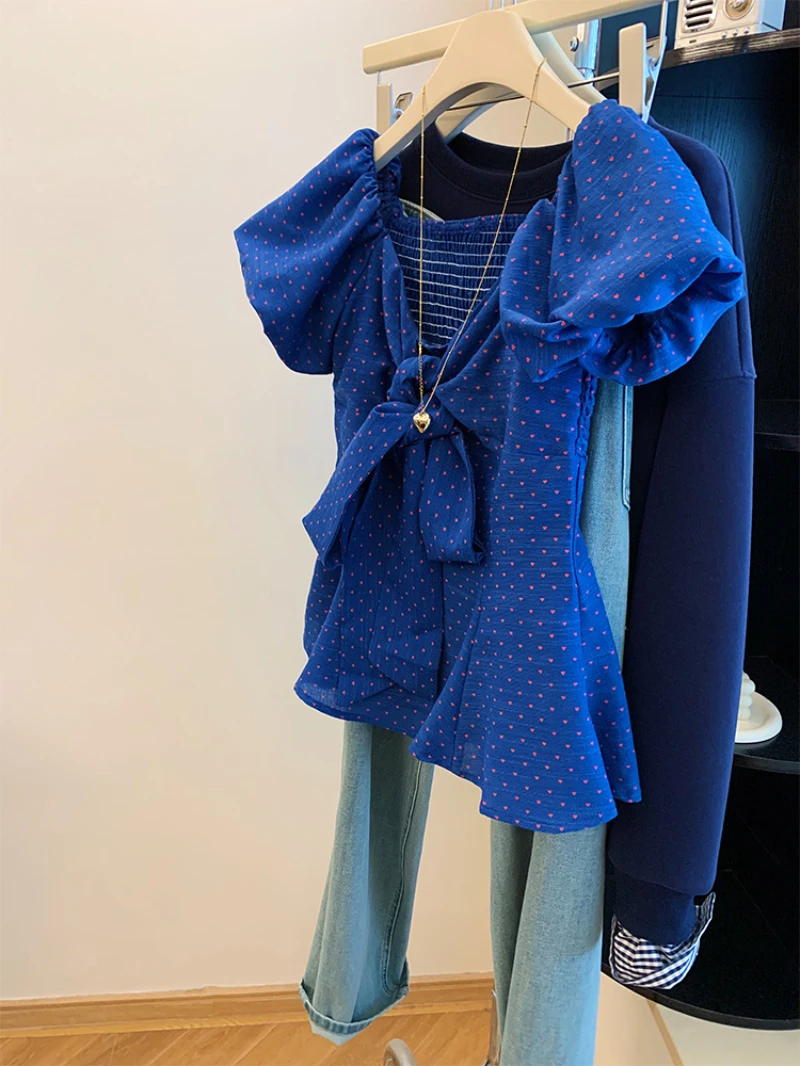 克莱因蓝爱心花苞泡泡短袖衬衫女夏法式减龄绑带蝴蝶结上衣娃娃衫