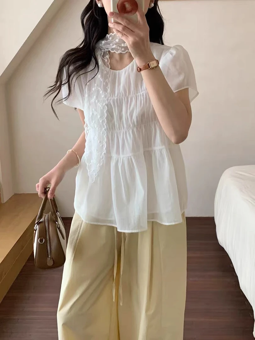 6290 土布鱼韩系褶皱甜美小衫