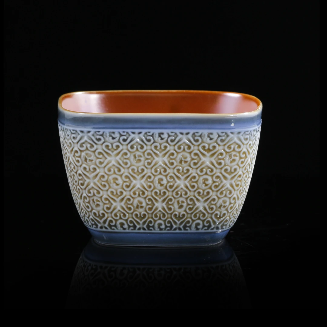 【晚晚精选】149重工雕刻款蓝底雕刻四方杯 柴烧特性每只不同