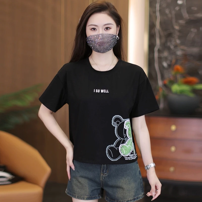 夏季圆领设计感小个子印花t恤宽松显瘦透气休闲百搭洋气创意短袖