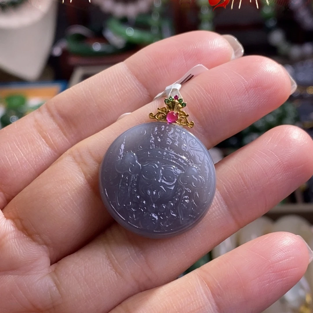 和田玉孤品老坑料高冰烟紫18.k扎基未镶嵌