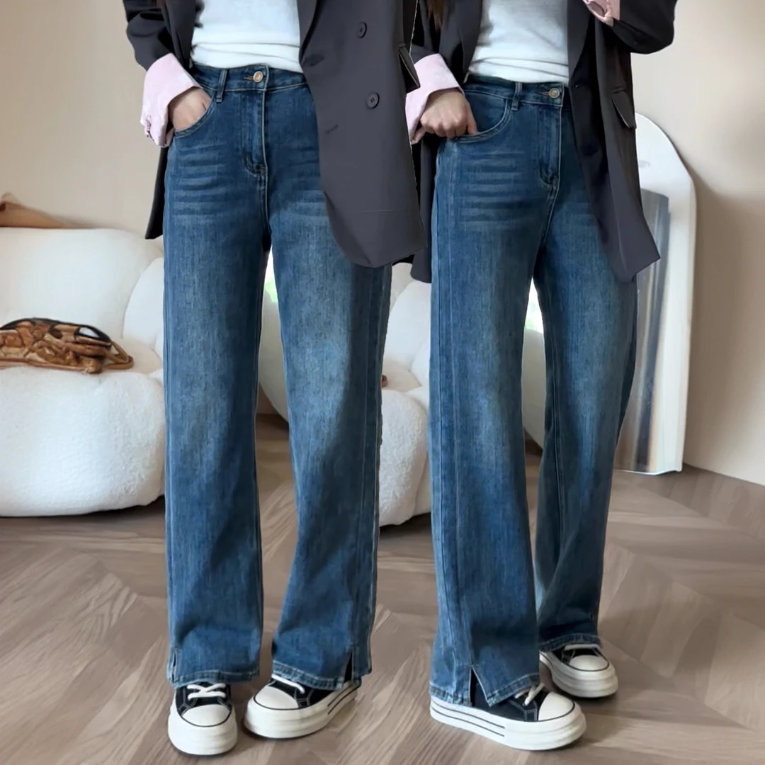 复古直筒秋季阔腿牛仔裤女大码高腰梨形身材显瘦新款百搭拖地裤子