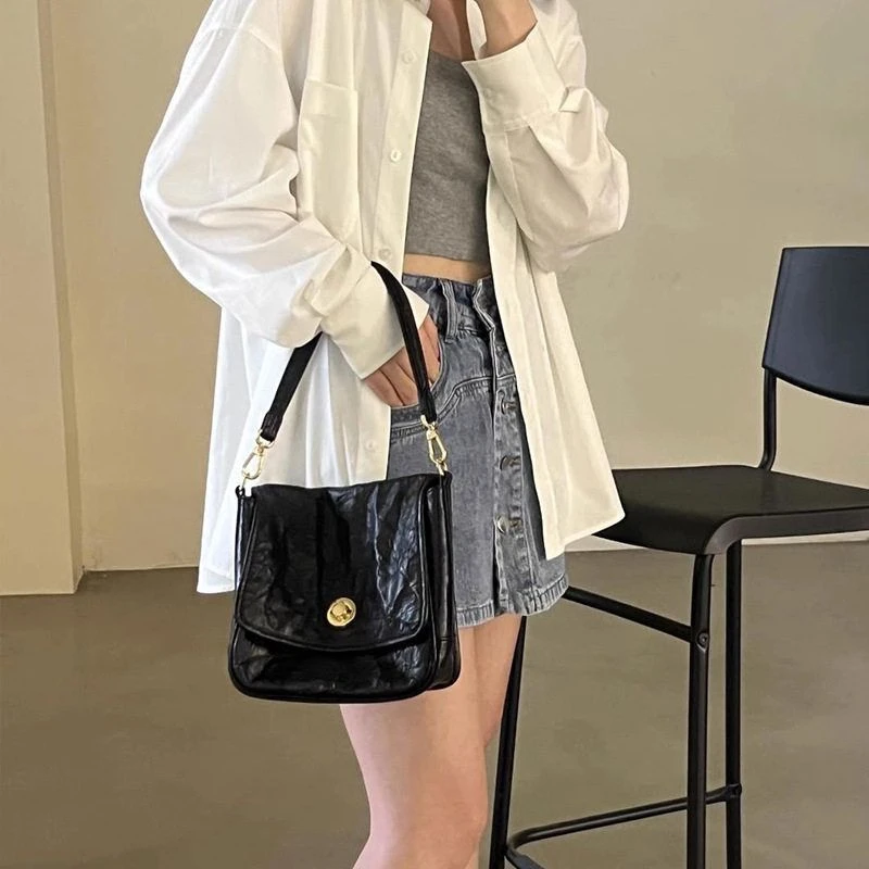 2025新款单肩腋下包头层牛皮手抓纹女士小众高级感褶皱复古托特