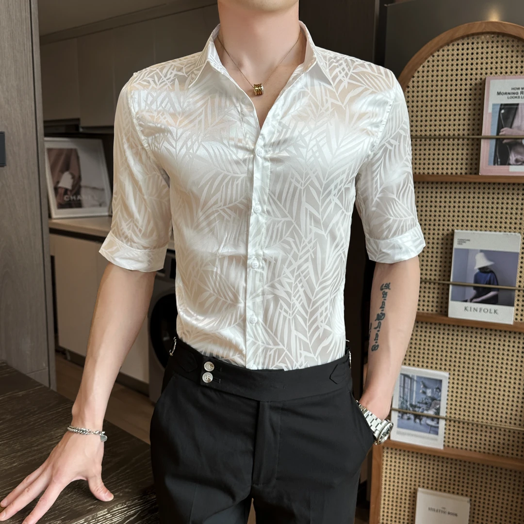 高级感男士花衬衫短袖夏季冰丝潮牌男装痞帅修身印花碎花衬衣男款