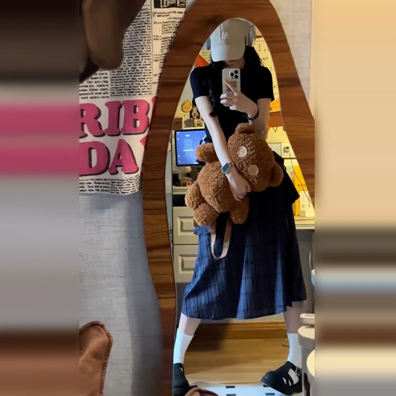 蓝色格纹短袖连衣裙子女洋气衣服夏季2025新款不规则气质收腰长裙