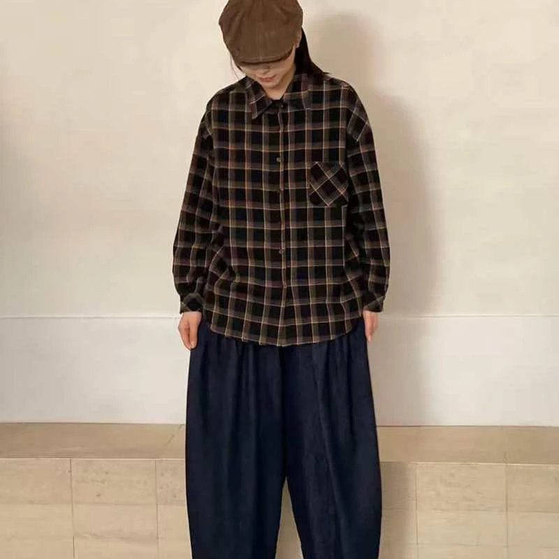 讠木35591格子衬衫女宽松慵懒风韩版休闲宽松百搭长袖纯棉打底衫