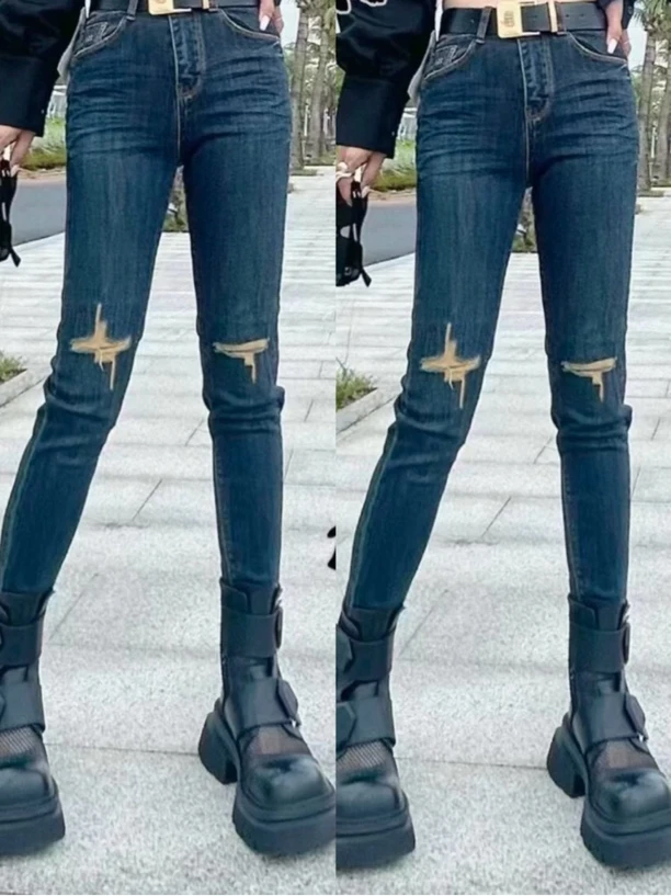 【巴韩】玲姐10208时尚百搭韩版减龄复古修身显瘦高腰牛仔小脚裤