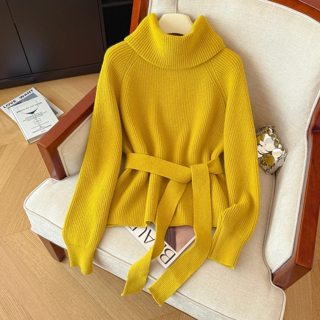 2025高级感气质通勤收腰系带毛衣女秋冬新款时尚高领洋气显瘦上衣